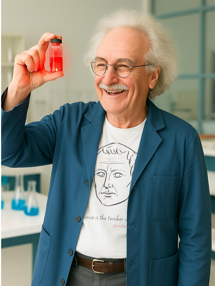 A scientist looking at small red glowing vial. He is wearing blue jacket and the white  t-shirt with a black graphic of Julius Caesar's head, the quote 'Experience is the teacher of all things,' and the red text 'Julius Caesar, 1st Century BC' below