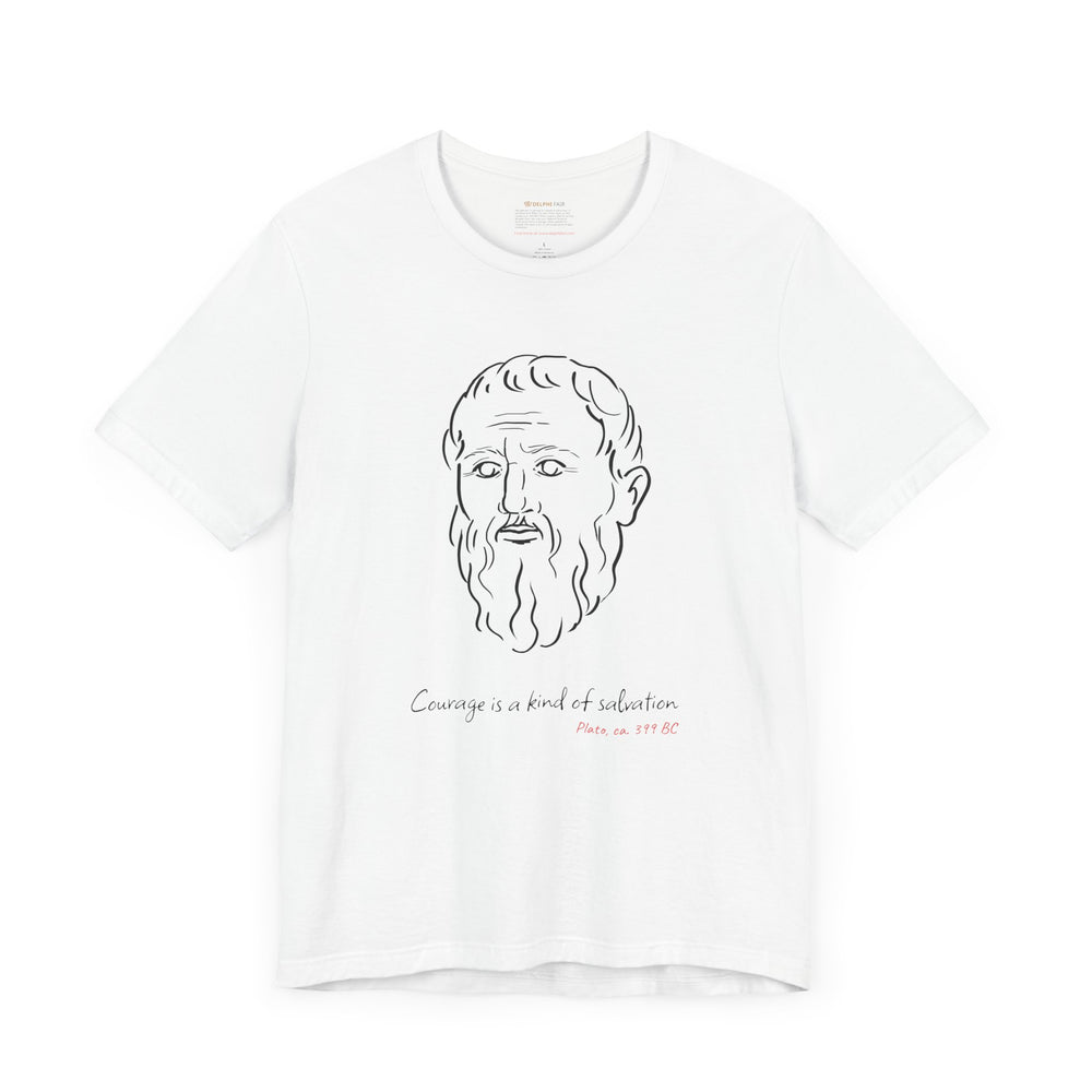 White t-shirt with a black graphic of Plato's head, the quote 'Courage is a kind of salvation,' and the red text 'Plato ca. 399 BC' below.