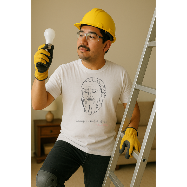 Man wearing a helmet and protecting gloves holding a lightbulb, wearing a white t-shirt with a black graphic of Plato's head, the quote 'Courage is a kind of salvation,' and the red text 'Plato ca. 399 BC' below.