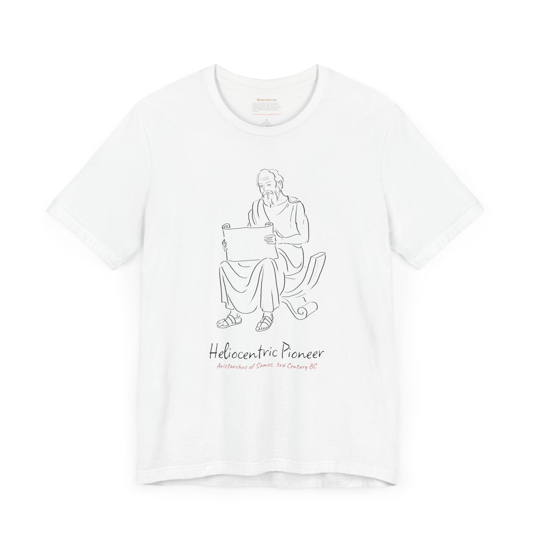 White t-shirt featuring a black graphic of Aristarchus sitting and reading a scroll, with the text 'Heliocentric Pioneer' and the red text 'Aristarchus of Samos, 3rd Century BC' below.