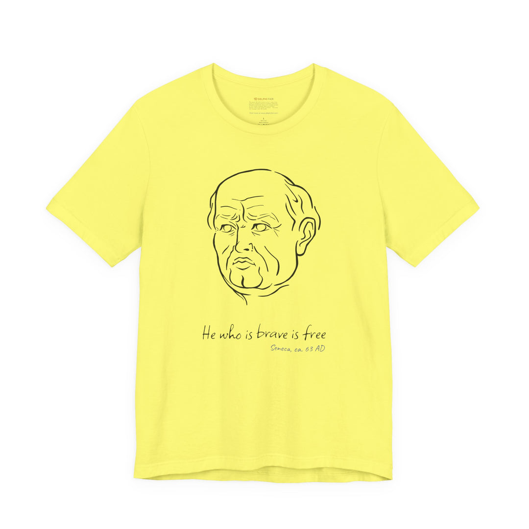 Yellow t-shirt with a black graphic of Senecas' head, the quote 'He who is brave is free' and the blue text 'Seneca, ca. 63 AD' below