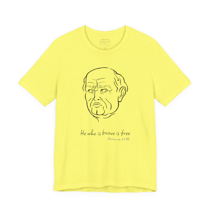 Yellow t-shirt with a black graphic of Senecas' head, the quote 'He who is brave is free' and the blue text 'Seneca, ca. 63 AD' below