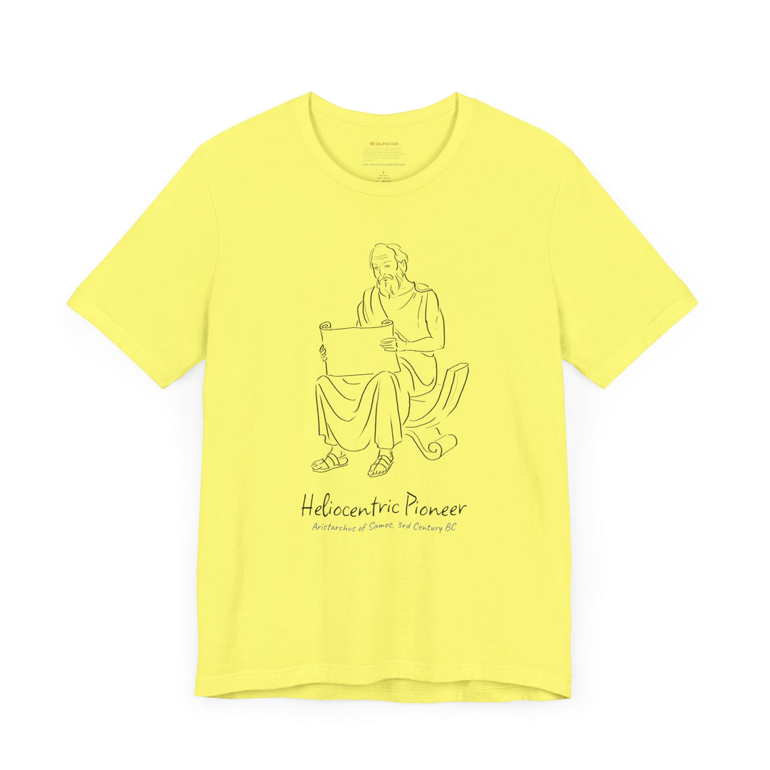 Yellow t-shirt featuring a black graphic of Aristarchus sitting and reading a scroll, with the text 'Heliocentric Pioneer' and the blue text 'Aristarchus of Samos, 3rd Century BC' below.