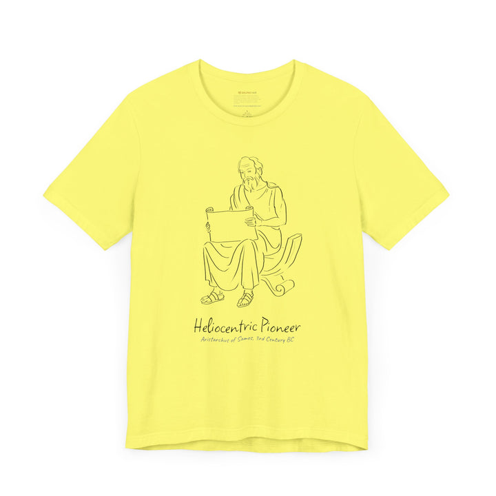 Yellow t-shirt featuring a black graphic of Aristarchus sitting and reading a scroll, with the text 'Heliocentric Pioneer' and the blue text 'Aristarchus of Samos, 3rd Century BC' below.
